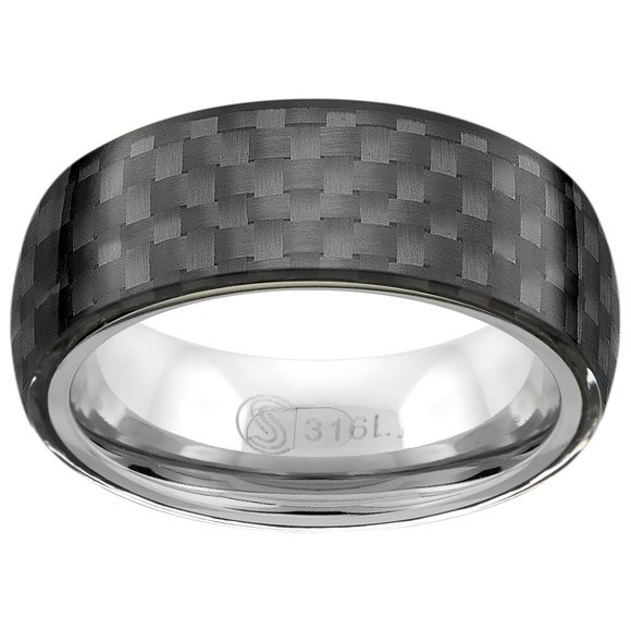 Surgical Stainless Steel 8mm Black Carbon Fiber Wedding Band Ring Domed